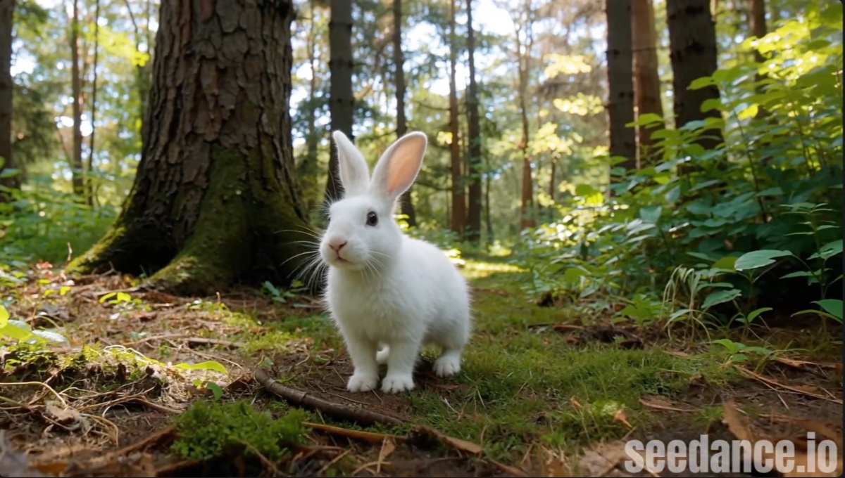 Toma de seguimiento ultra-realista de un conejo corriendo por la hierba, cámara siguiendo de cerca en un estilo cinematográfico de vida salvaje