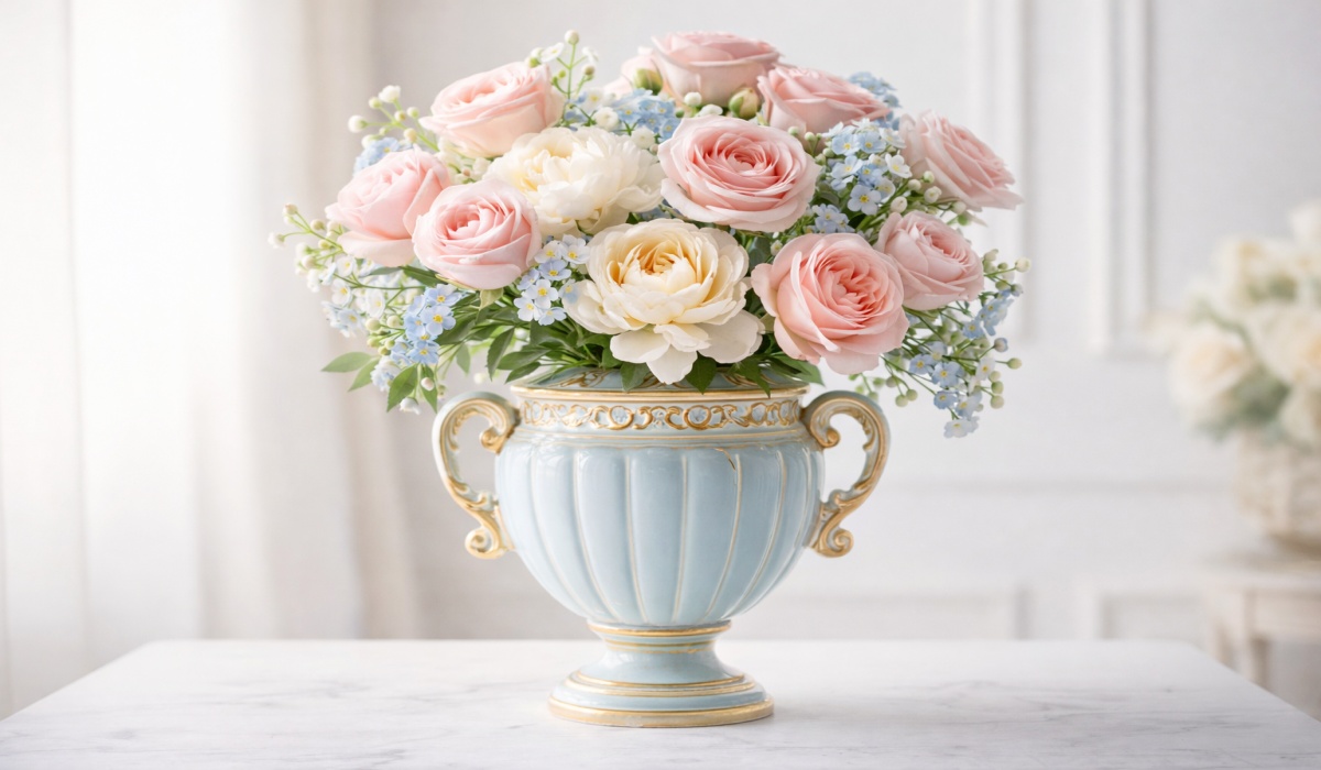フランススタイルのミニマリスト花瓶の製品ショット、クリーンな背景、ソフトなパステルトーン、高級広告写真