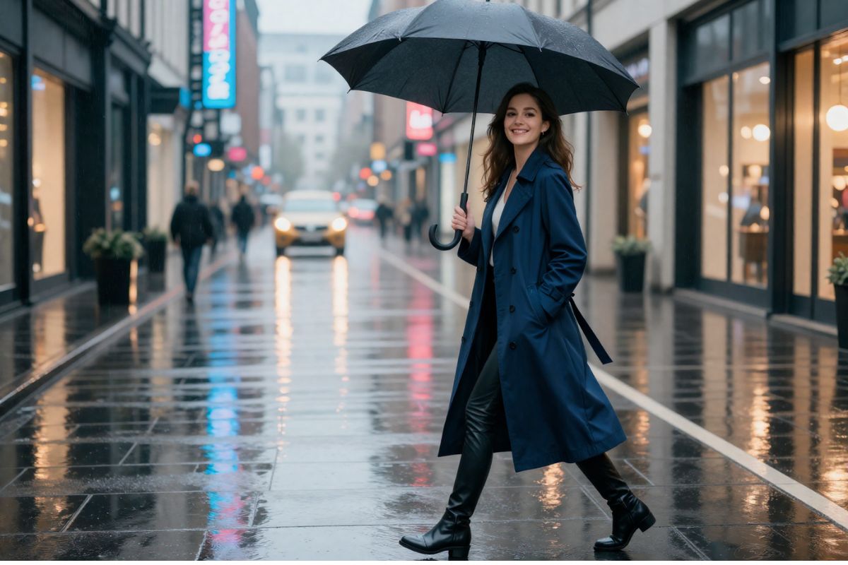 an advertise of a woman walking in the rain