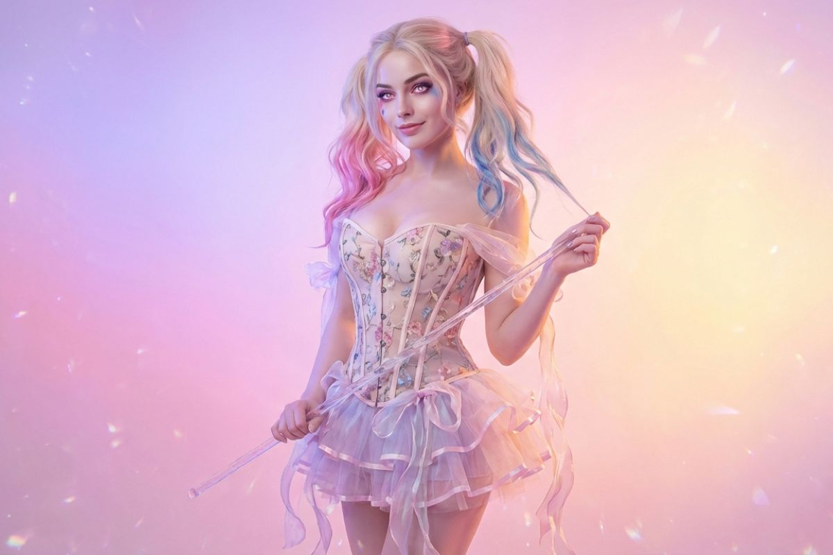 Cosplay photo of a Harley Quinn character in colorful costume and makeup