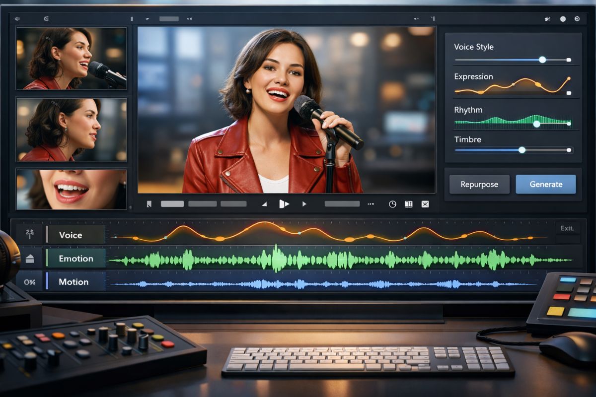 Multimodal synced generation interface with voice and motion controls.