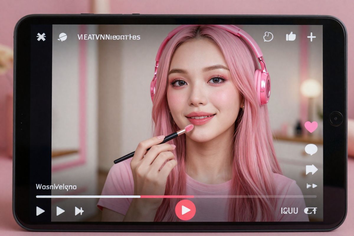 A pink-haired virtual avatar doing makeup on a social media video, with a cute pastel aesthetic.