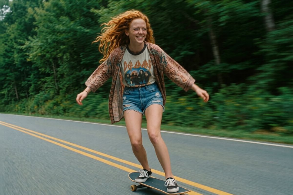 A female skater performing freestyle tricks, demonstrating fluid movement and natural motion in a street setting.