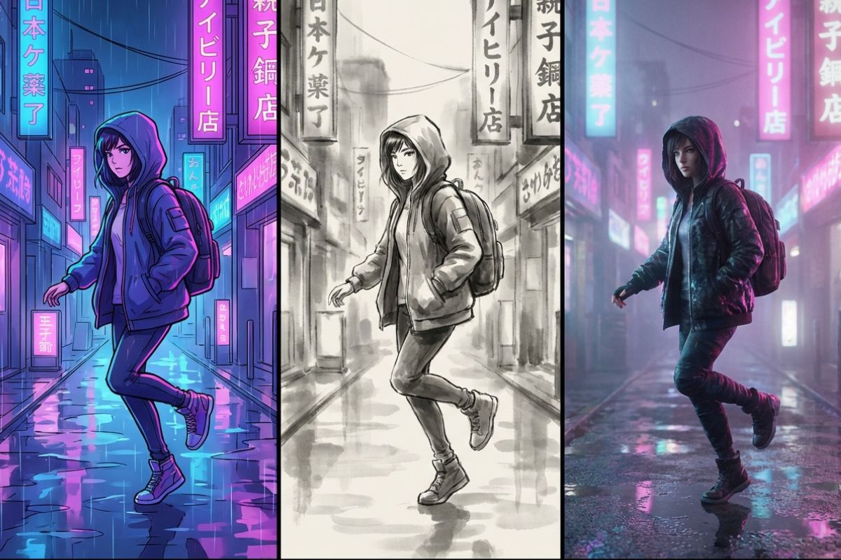 Three-style comparison of the same scene and character with consistent motion.