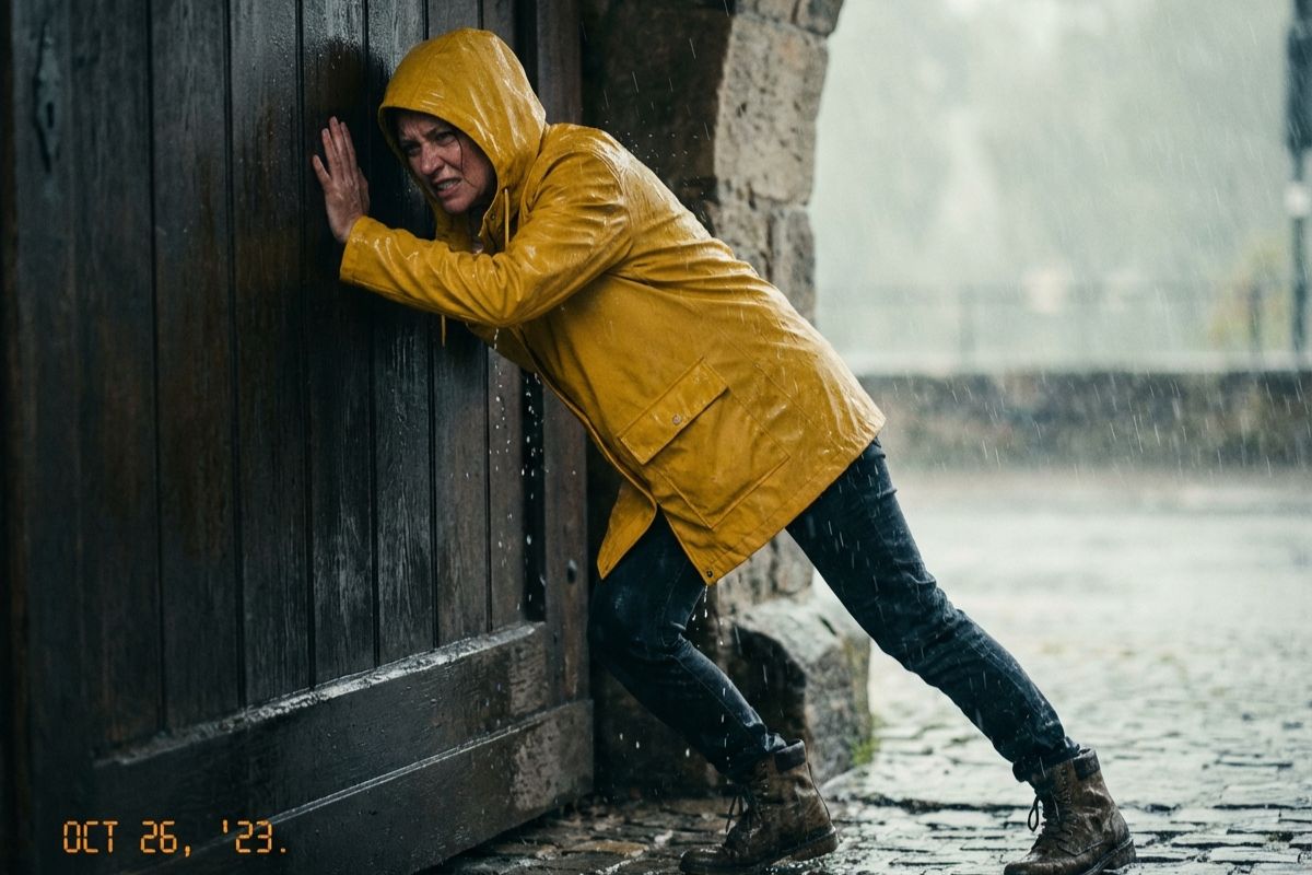 Cinematic AI video frame showing realistic physical motion and rain interaction.