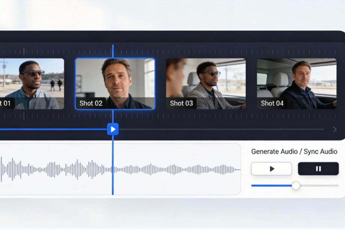Multi-track video and audio editing timeline showing synchronized clips and waveforms.