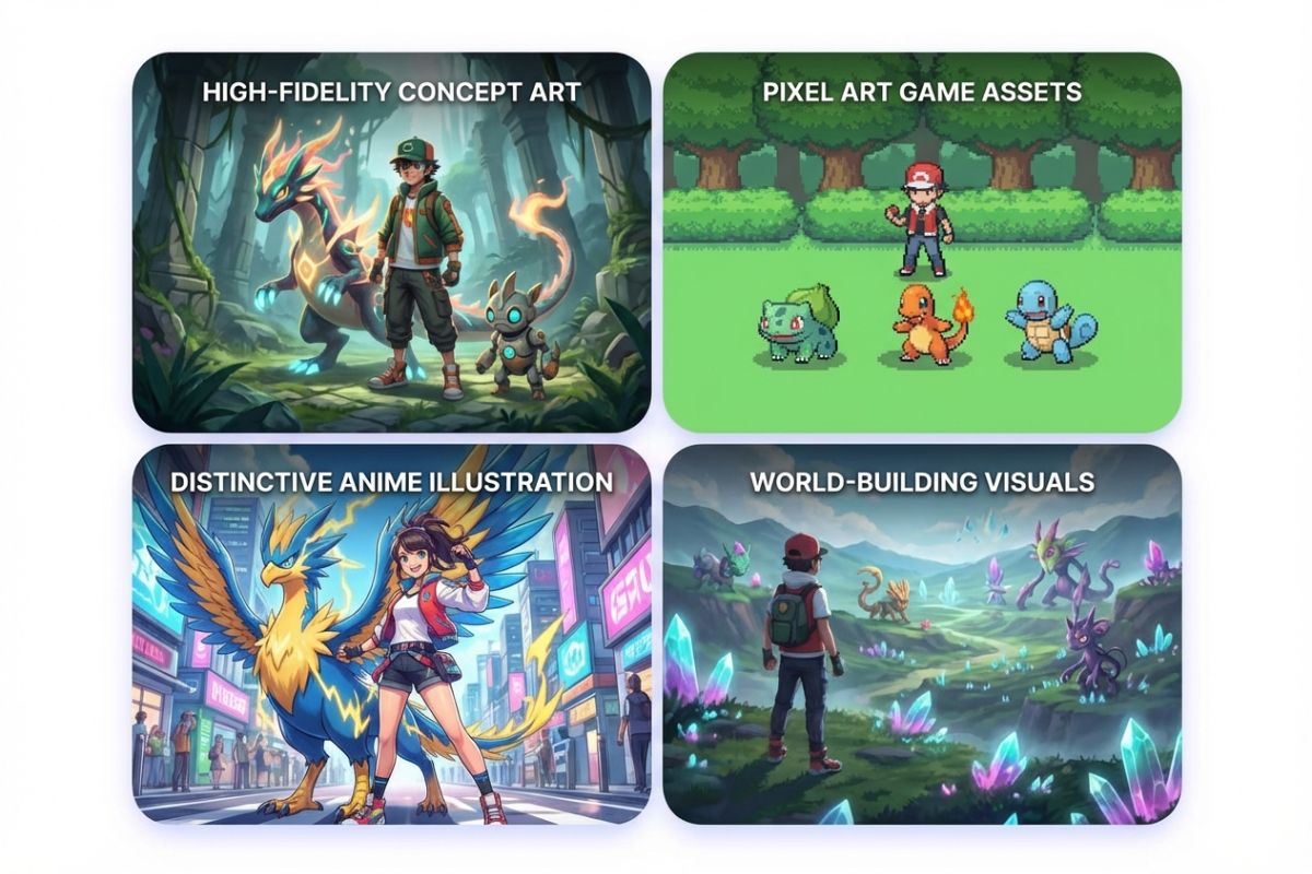 Produce cohesive Pokemon OC assets like character sprites and background art with consistent style.