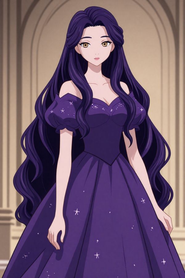 1girl, long deep violet hair, golden eyes, calm regal expression, rich purple fantasy gown with subtle star embroidery, minimal jewelry, elegant straight posture, western animated film style, storybook illustration, soft shading, pastel colors, upper body portrait, simple background, same character series, consistent design