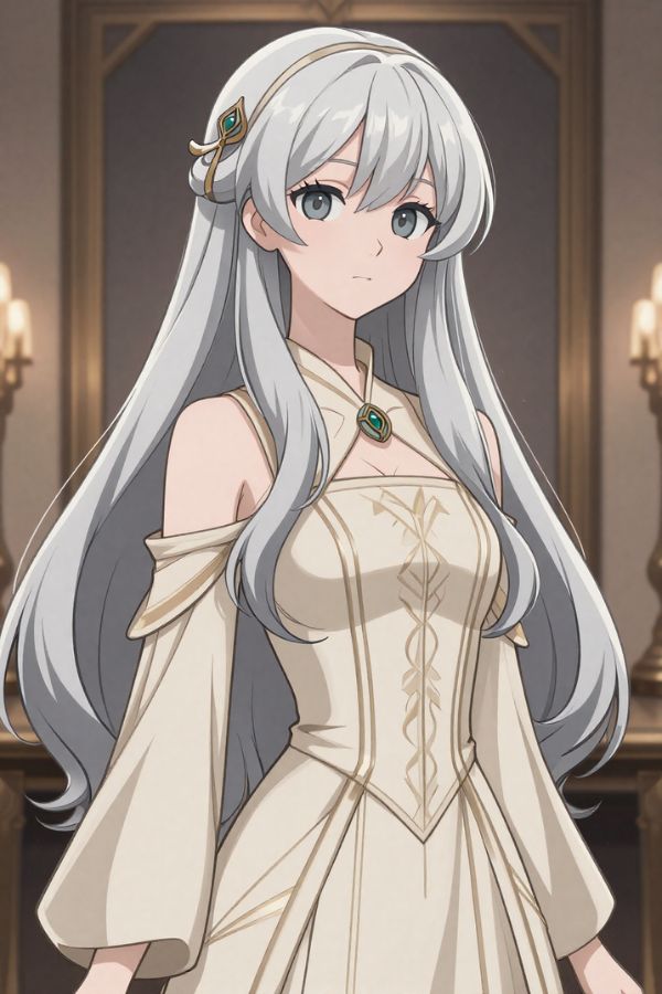1girl, long silver white hair, grey blue eyes, composed expression, ivory gown with subtle gold embroidery, delicate crown-shaped hair clip, noble posture, western animated film style, storybook illustration, soft shading, pastel colors, upper body portrait, simple background, same character series, consistent design