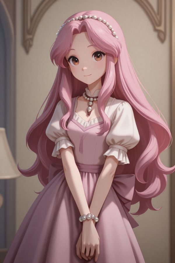 1girl, long soft pink hair, warm brown eyes, gentle smile, layered pastel pink fantasy dress with ribbon details, light pearl accessories, elegant posture, western animated film style, storybook illustration, soft shading, pastel colors, upper body portrait, simple background, same character series, consistent design