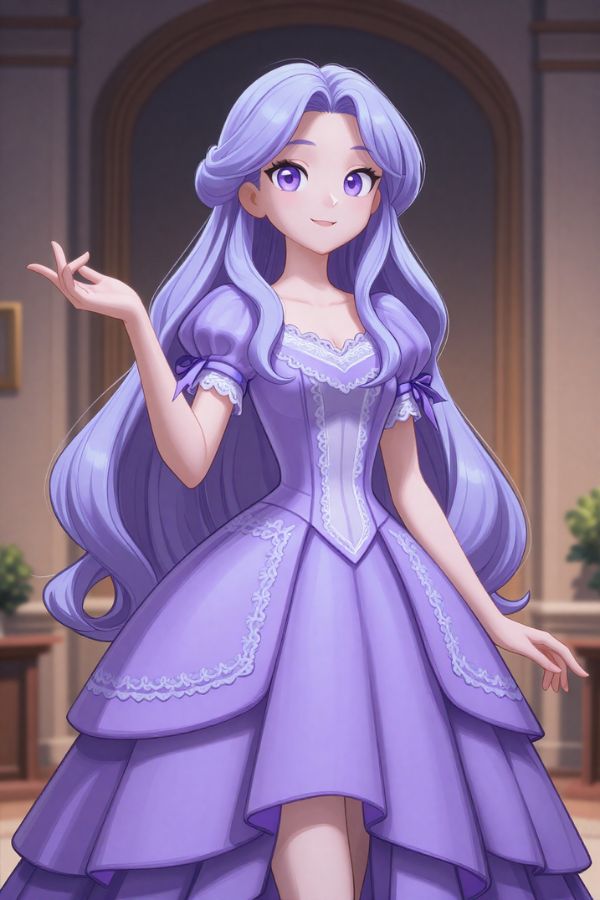 1girl, long lavender hair, violet eyes, dreamy smile, soft purple layered gown with lace trims, ribbon sleeves, elegant hand gesture, western animated film style, storybook illustration, soft shading, pastel colors, upper body portrait, simple background, same character series, consistent design