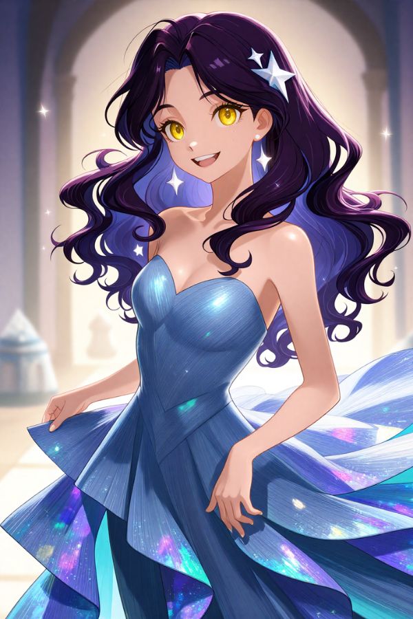 1girl, dark purple wavy hair, golden eyes, star-shaped hairpins, galaxy-themed gown with sparkles, magical glow, confident smile, dreamy pose, single character, upper body, looking at viewer, Disney fantasy animation style, soft gradient background