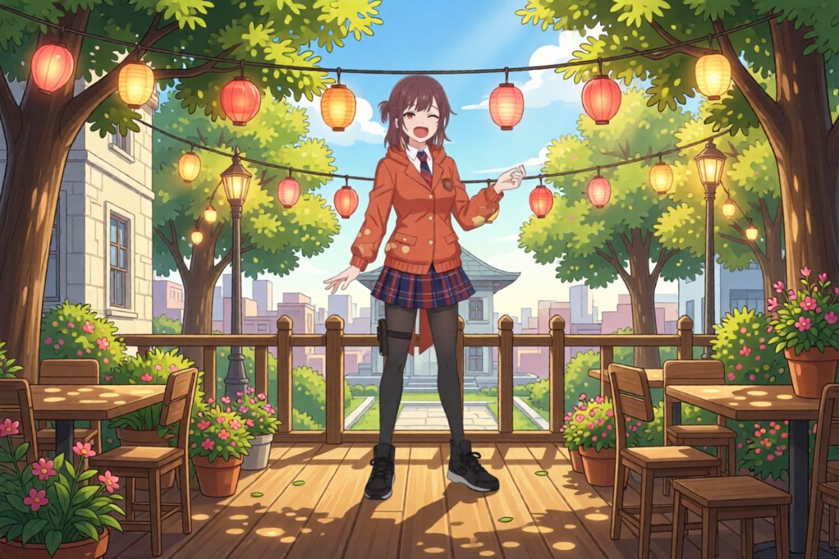 AI-generated Naruto OC character in a peaceful village setting with casual clothing and soft anime style