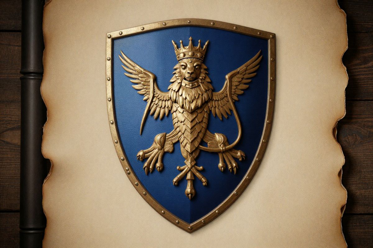Fantasy RPG-style griffin crest on vintage blue shield