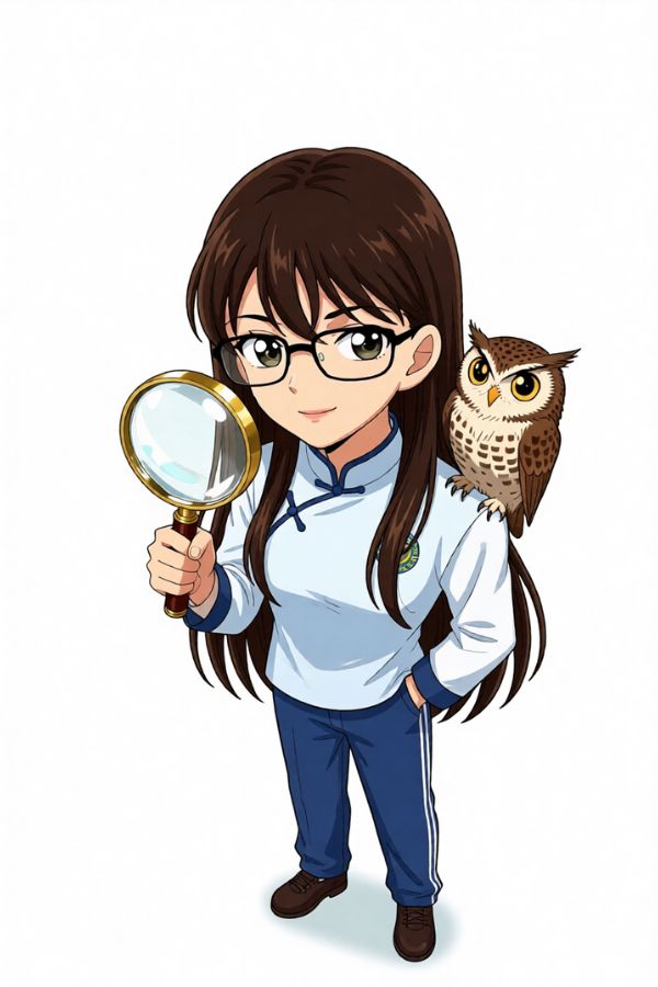 A clever puzzle-solver with a magnifying glass and an owl perched on her shoulder