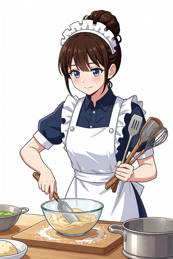 A gentle cook equipped with an apron and kitchen utensils