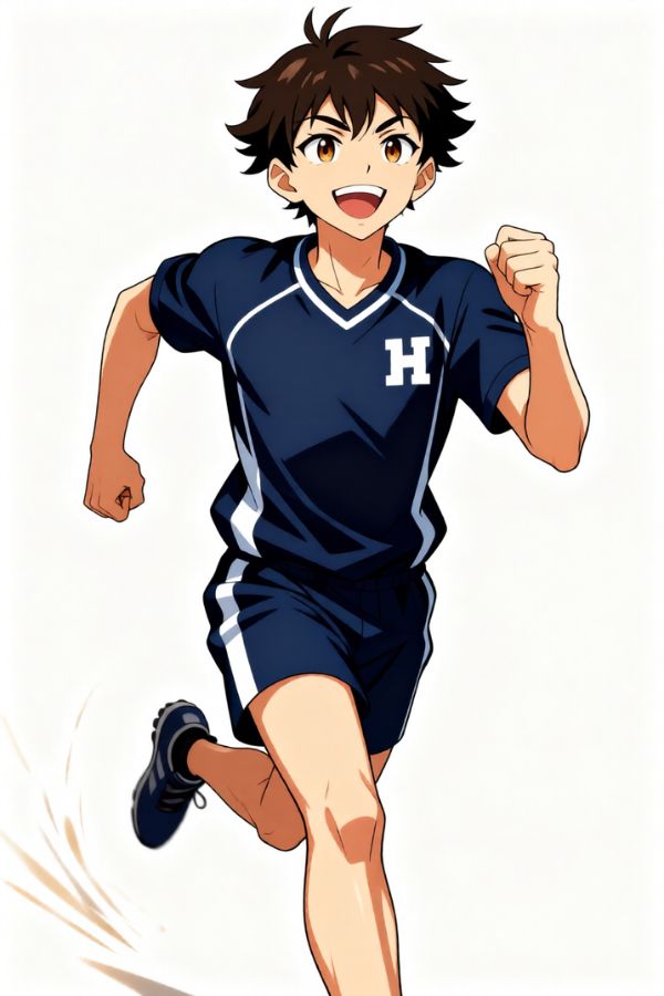 An energetic boy in sportswear, running at full speed