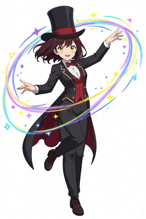 A performer in top hat and tailcoat, casting colorful magic
