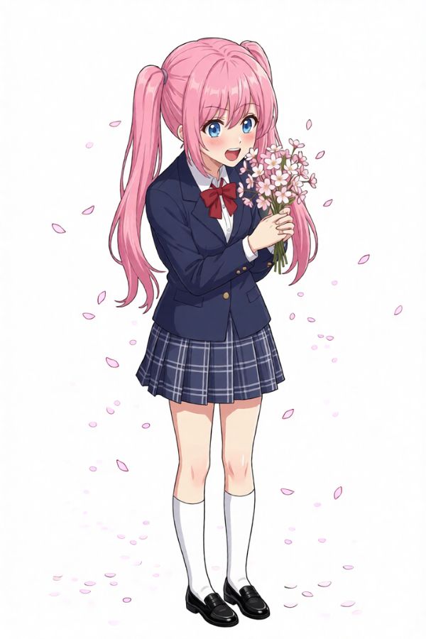 A schoolgirl with pink twin-tails, holding a bouquet of petals