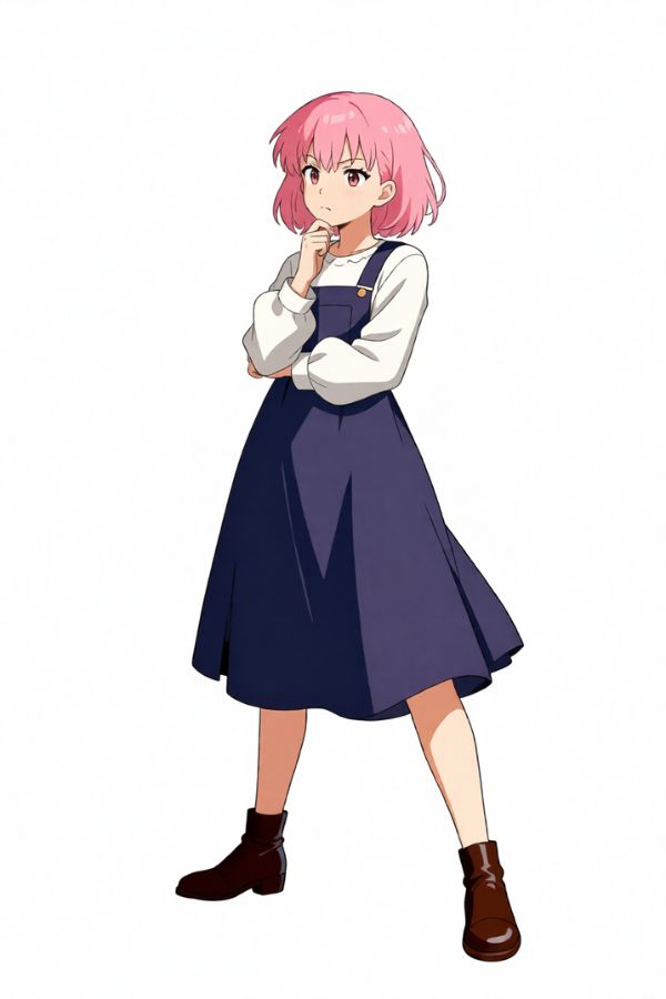 A quiet, thoughtful girl with pink hair and a blue dress