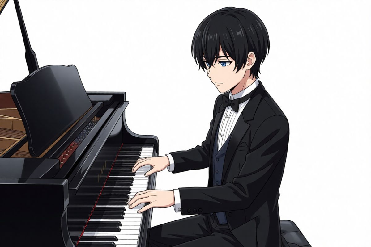 a black-haired man in a tuxedo playing piano, with product description text.