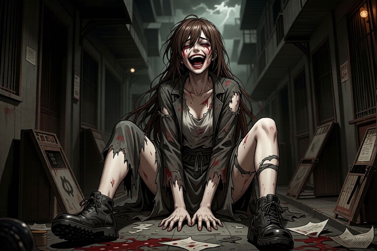 "A bloodied female demon with wild hair and a torn jacket sits laughing in a dark, ruined hallway, embodying the intense, dramatic style of Hazbin Hotel."