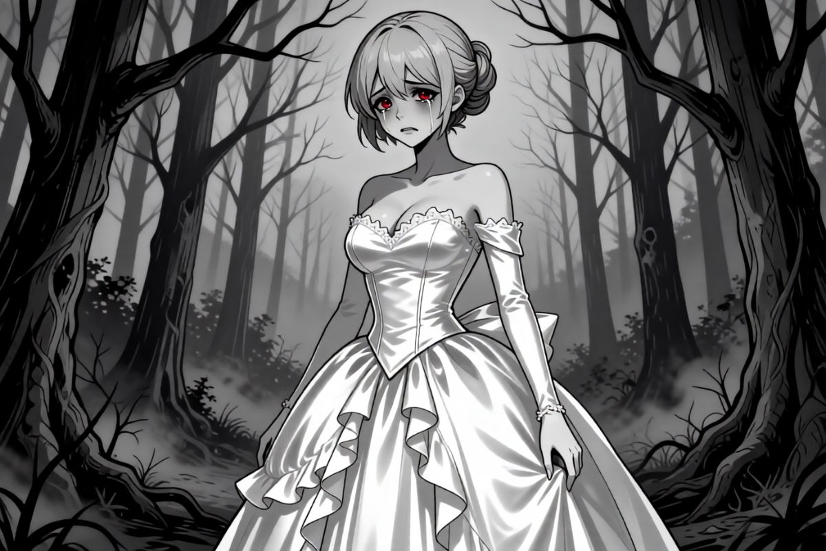 A pale woman in a white wedding dress stands alone in a twisted, shadowy forest, her red eyes reflecting sorrow and inner conflict—evoking the tragic depth of a Hazbin Hotel sinner.