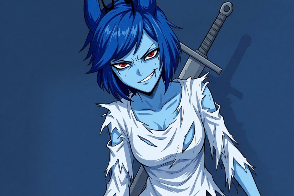 A blue-skinned demon with short blue hair and a tattered white dress wields a sword, standing confidently with a fierce expression—showcasing customizable style and emotion in Hazbin Hotel OC design.