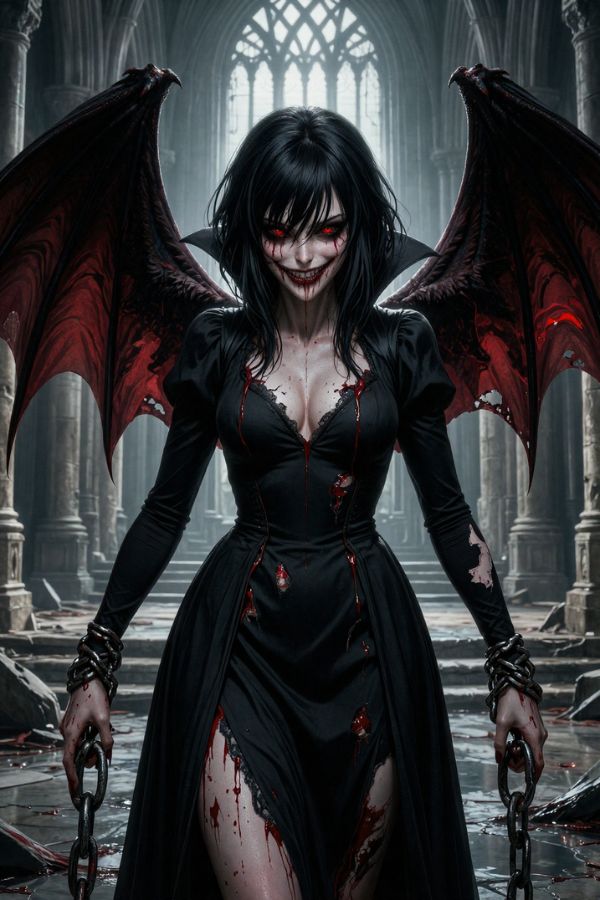 Fallen vampire woman in tattered dress, chained in a ruined cathedral.