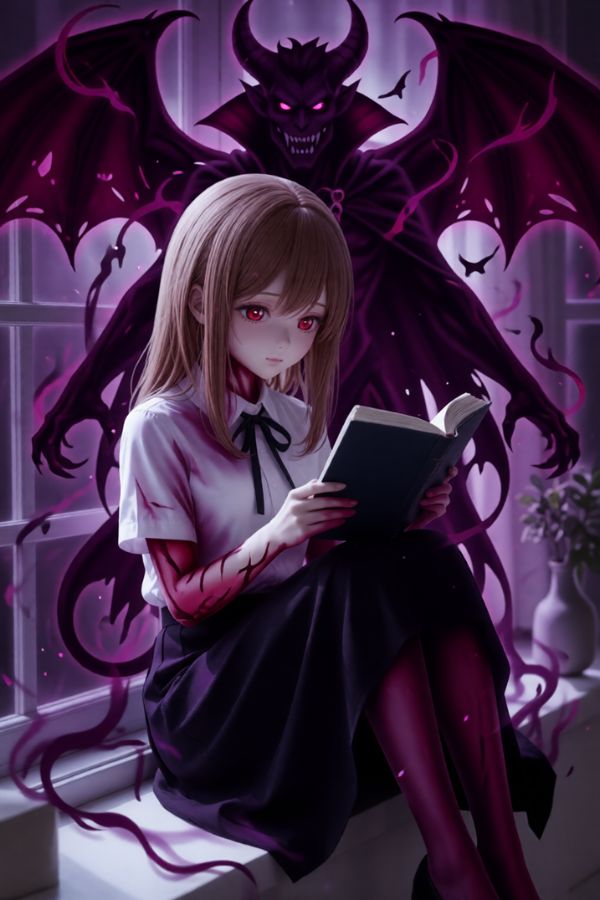 Gentle female vampire reading by a sunlit window in a modest outfit.