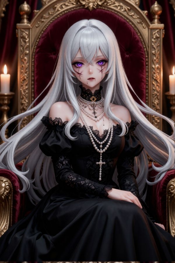 Elegant vampire noblewoman in a Victorian black gown seated on a throne.