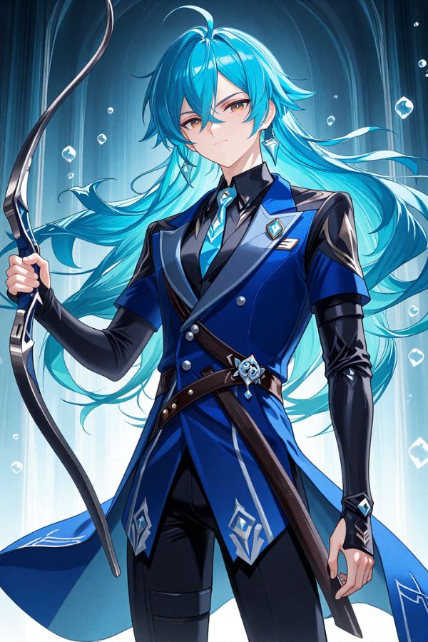 AI-generated male character with long blue hair, holding a bow, wearing a dark blue coat with water motifs. Created by the Random Genshin Character Generator.