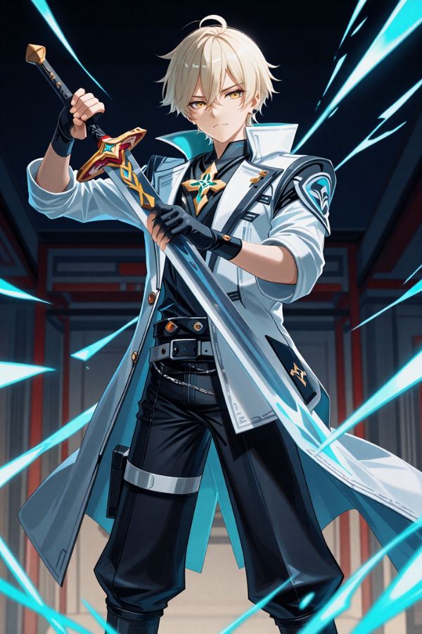 AI-generated male character with short white hair, holding a glowing sword, surrounded by electric energy. Wearing a modern-style coat with blue accents. Generated for Genshin fans.