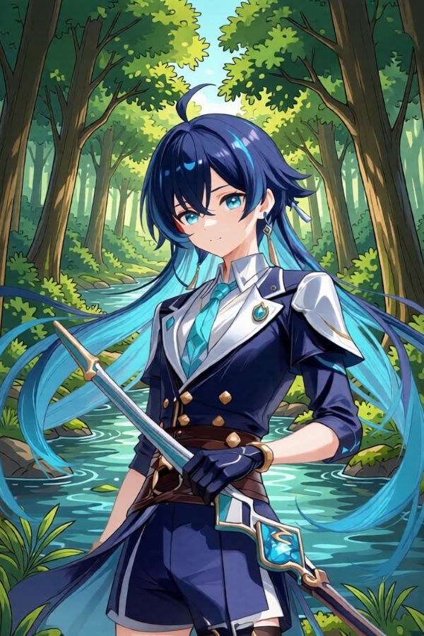 AI-generated female character with long blue hair, holding a sword, standing in a lush forest with glowing ice effects. Designed in the style of Genshin Impact.