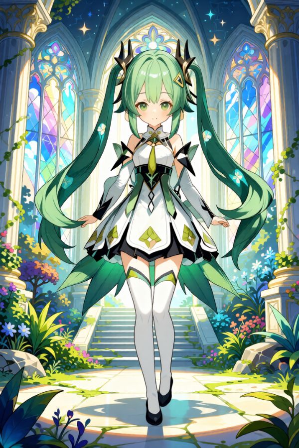 AI-generated female character with long green hair, wearing a white and green dress with leaf patterns, standing in a stained-glass cathedral. Designed to reflect the nature theme of Sumeru.