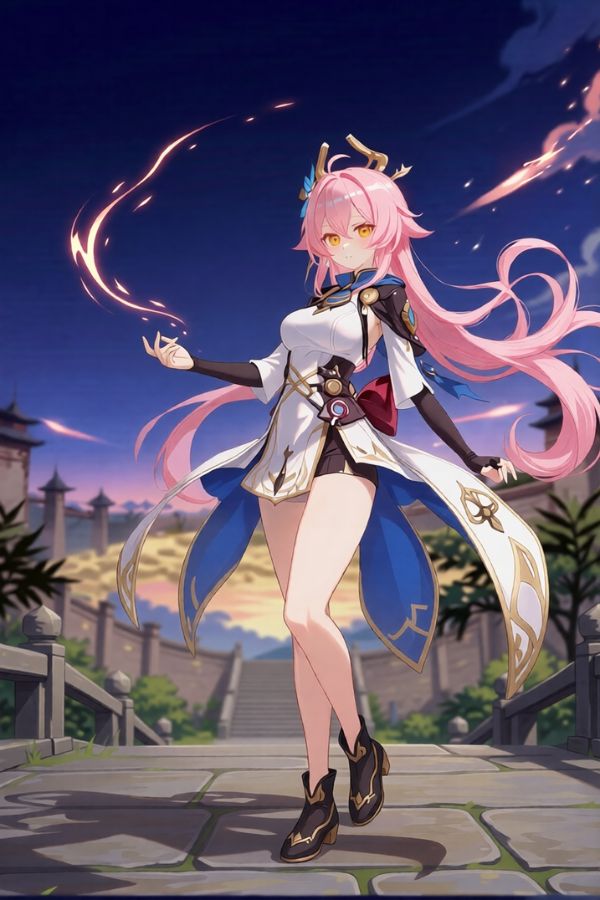 AI-generated female character with long pink hair, casting fire magic, wearing a white and red outfit. Standing on a stone path at sunset, inspired by Genshin Impact's elemental design.