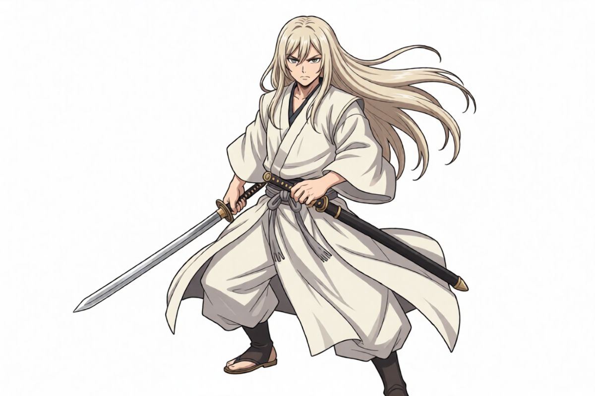 一位穿著白色袍子的銀髮動漫劍士，手持雙刀，準備戰鬥——由 AI 生成的角色，用於角色扮演遊戲