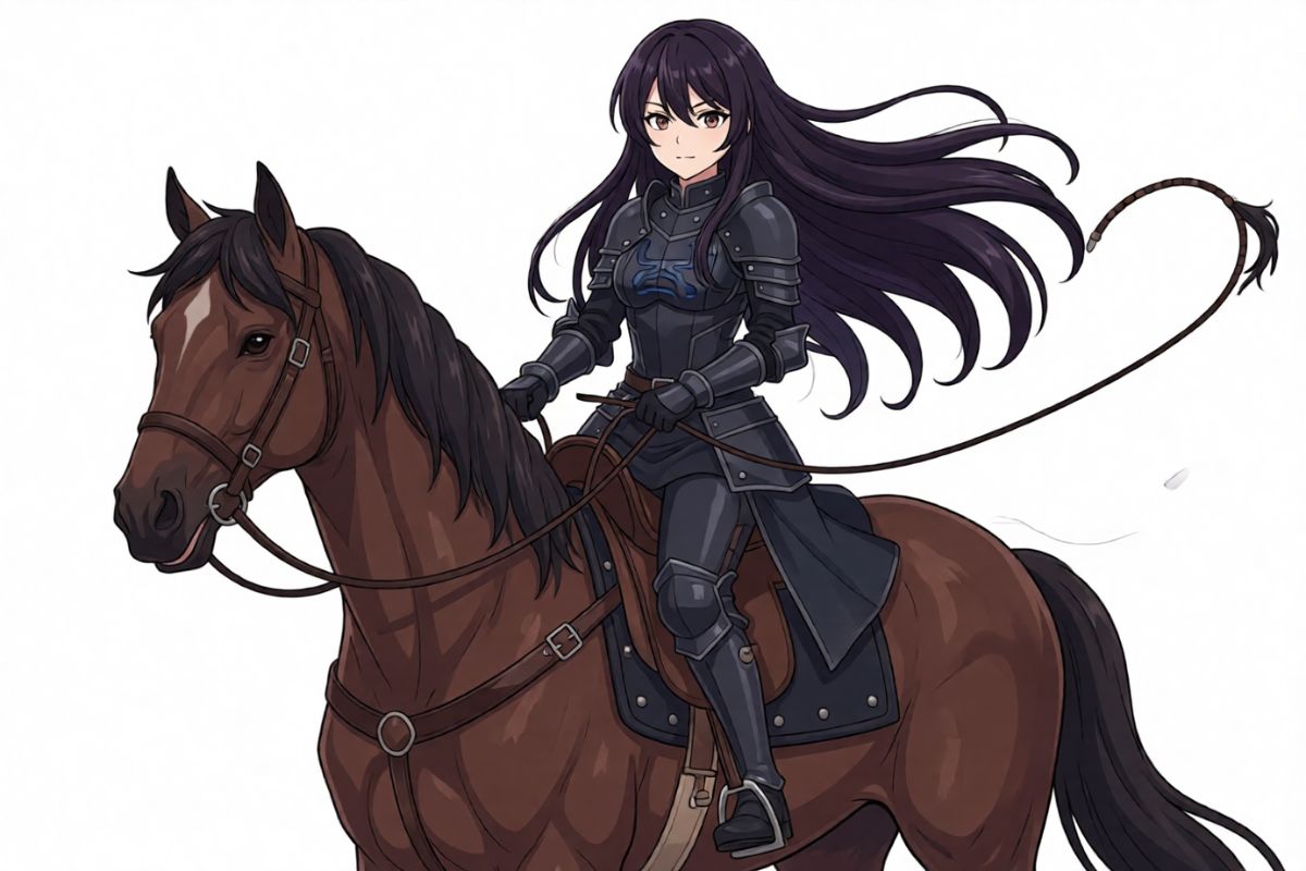 一位穿著黑色盔甲、騎著棕馬的女性奇幻騎士，持鞭子——由 AI 生成的電玩角色