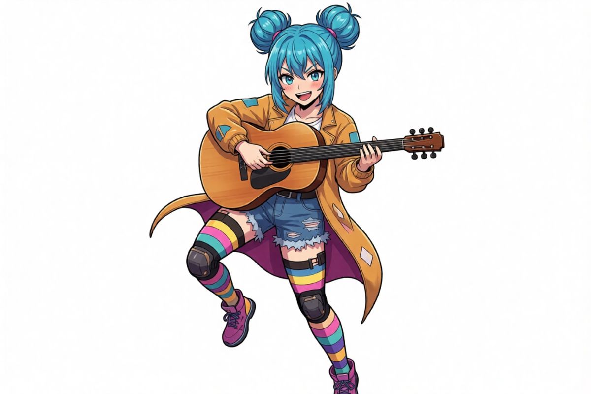 一位快樂的藍髮動漫女孩彈吉他，穿著彩色條紋襪和夾克——動態 AI 生成角色藝術的範例