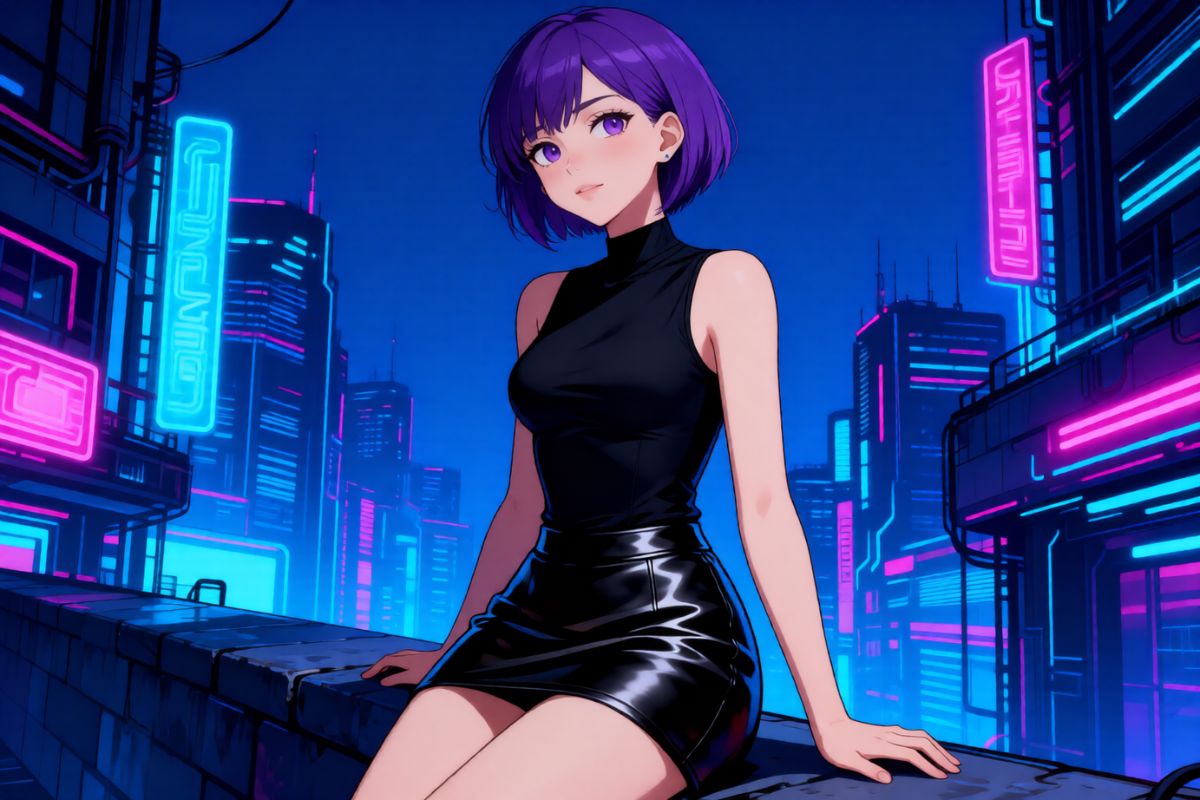 Uma personagem feminina estilizada com cabelo roxo e um vestido preto, sentada em um telhado em uma paisagem urbana cyberpunk iluminada por neon. A cena captura a essência do design inspirado nos quadrinhos DC por meio de arte gerada por IA.