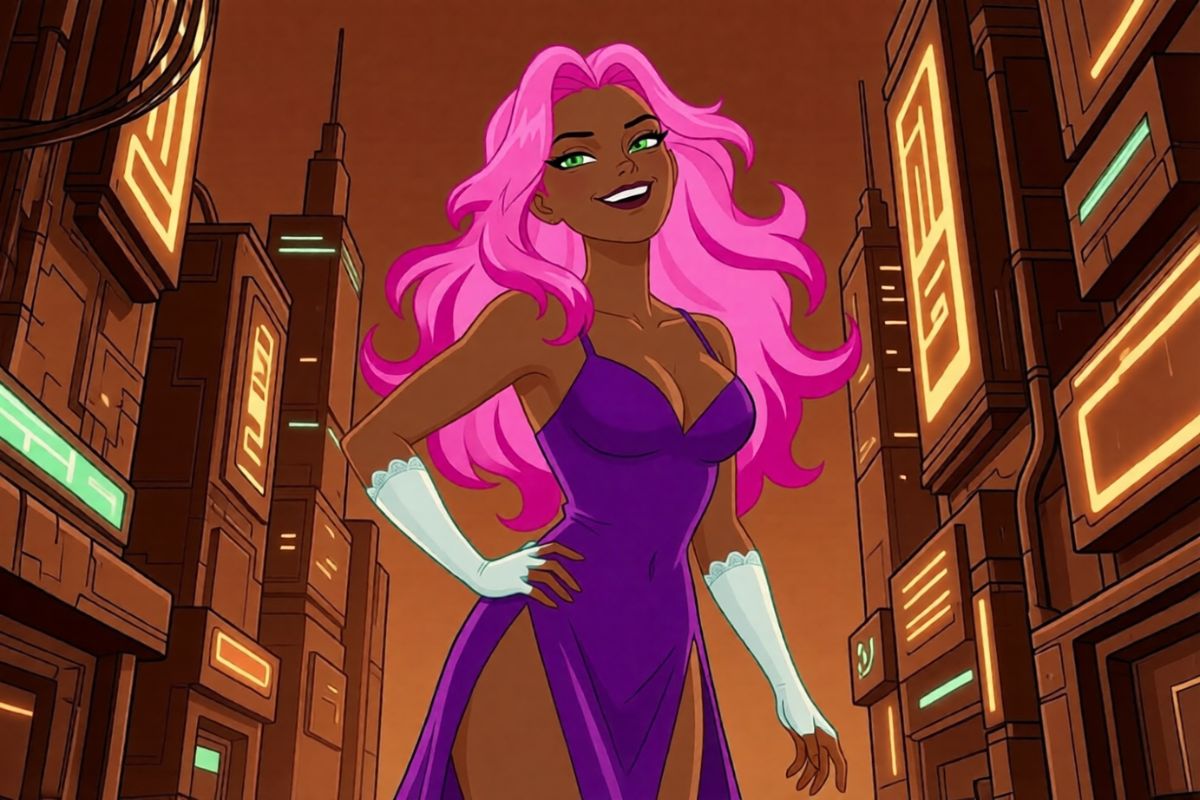 Uma personagem feminina vibrante com cabelo longo cor de rosa e um vestido roxo, posicionada com confiança em um ambiente urbano estilizado. A obra de arte apresenta um design de roupa detalhado e animação expressiva típica dos desenhos animados dos quadrinhos DC.