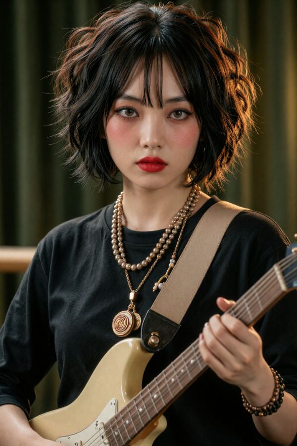 Young Asian woman with bold red lips and layered necklaces holding electric guitar, edgy short black hair, artistic confident pose