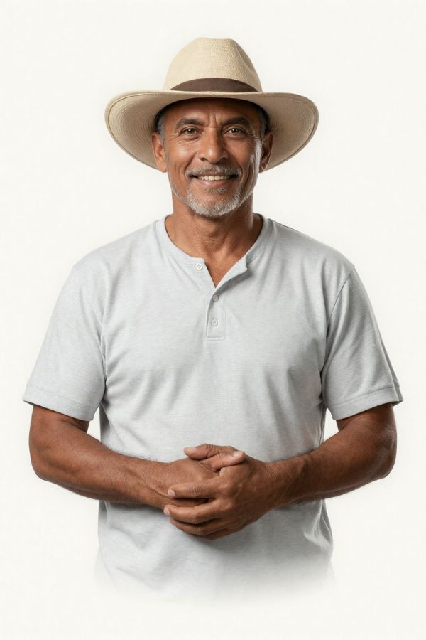 Middle-aged man with warm smile wearing a straw hat and white polo shirt, sun-kissed skin, standing against neutral background