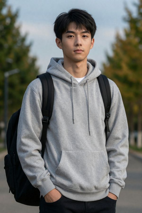 Young Asian man in grey hoodie with backpack, hands in pockets, contemplative gaze, outdoor autumn setting