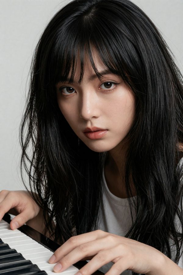 Young Asian woman with long black hair playing piano, introspective expression, soft natural lighting, delicate fingers on keys