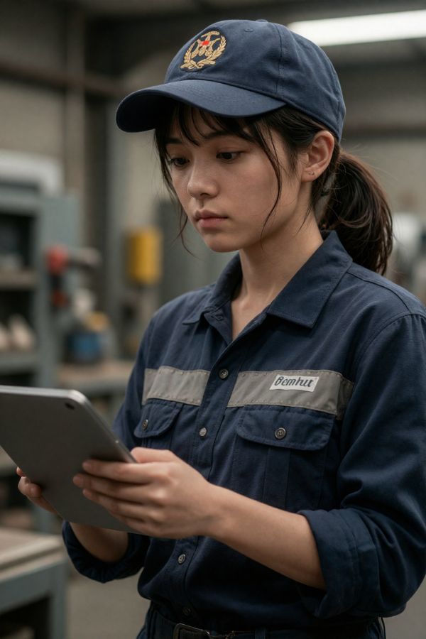 Young Asian woman in blue work uniform and cap holding tablet, focused expression, industrial workshop background