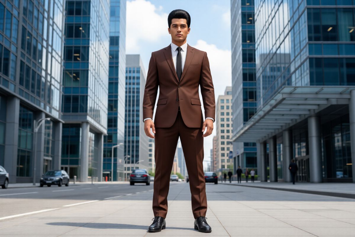 Full-body male avatar in brown business suit standing in modern city street with glass skyscrapers, professional corporate style, 3D realistic character, urban downtown environment, versatile avatar maker showcase