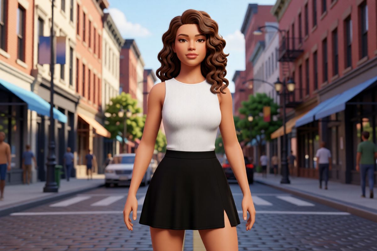 Full-body female avatar in white sleeveless top and black skirt standing on cobblestone city street with brick buildings, chic urban casual style, 3D realistic character, downtown shopping district, original character creation showcase