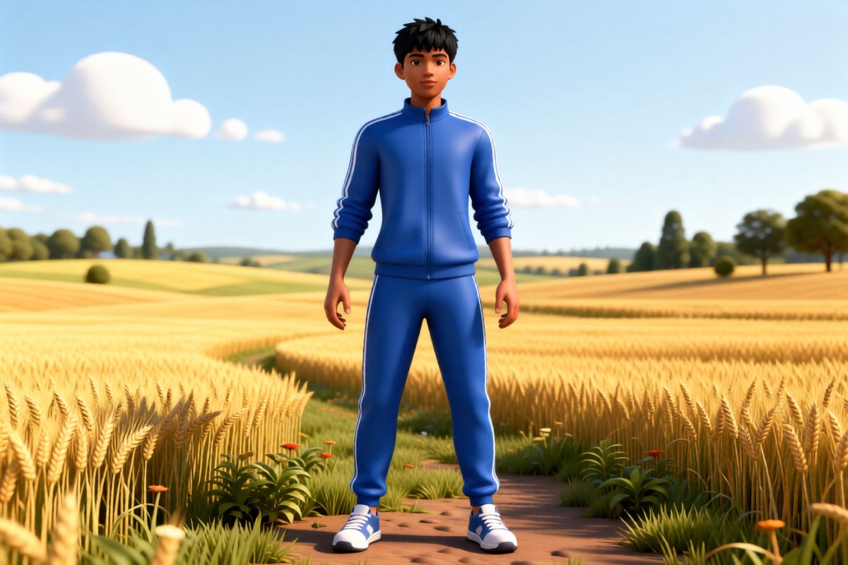 Full-body male avatar in blue tracksuit standing in golden wheat field under bright sky, casual sporty style, 3D realistic character, outdoor rural environment, dynamic creation tools showcase