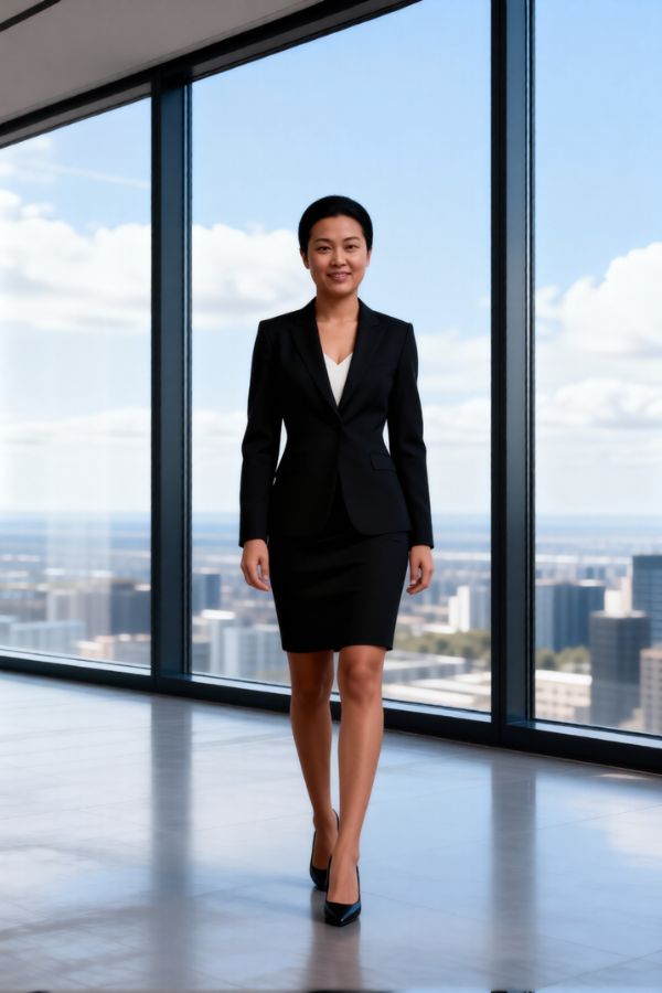 Professional female avatar in black business suit standing in modern office with city view, corporate elegance, realistic 3D render